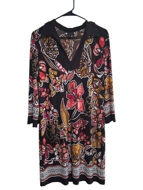 Carol Little Size 12 Multicolored Floral Retro V-Neck Collar Long Sleeve Dress